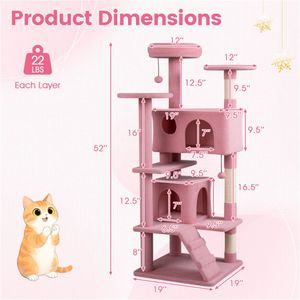 Lussuoso Tiragraffi per Gatti Alto 52 Pollici, Torre Multifunzione con Posti Sosta, Casette e Tiragraffi, Colore Rosa - Product Image 6