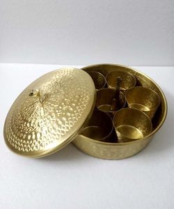 Handcrafted Hammered Brass Masala <b>Box</b> with Lid Spoon Traditional Spice Storage <b>Container</b> - Product Image 5