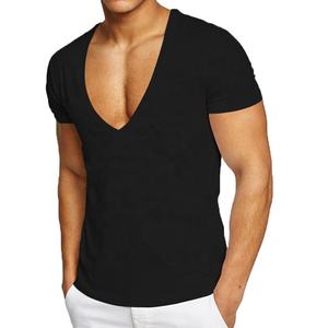 Venta al por mayor 100% algodón ropa de entrenamiento cuello en V profundo camiseta para hombres corte bajo camiseta masculina Casual Hip Hop Slim Fit manga corta - Product Image 3