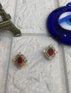 Classic Gold Plated Luxury Stud <b>Earrings</b> <b>Red</b> Crystal Center Clear Rhinestone Accents Women's Party Gift Everyday Wear - Product Image 2