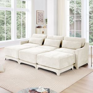 Divano a Tre Posti in Tessuto Chenille di Alta Qualità con 3 Pouf Mobili, Cuscino Lombare, Design Ergonomico e Base in Legno per Soggiorno - Product Image 1