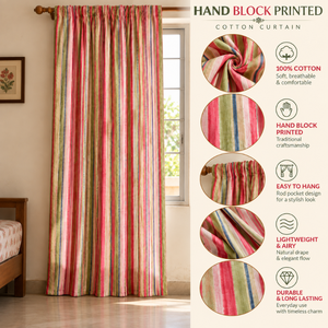 <b>Colourful</b> Striped Cotton Curtains | Hand <b>Block</b> Printed Rod Pocket Drapes | Lightweight Window Panels for Living Rooms Boho Decor - Product Image 5