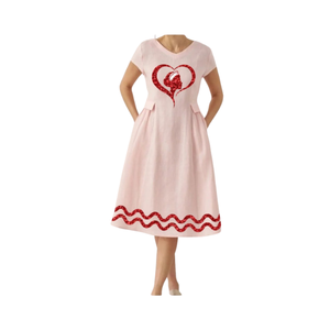 Vestido Midi Rosa Oscuro con Patrón Personalizado en Forma de Corazón, Manga Corta, Transpirable, con Lentejuelas Bordadas y Bolsillos - Product Image 1