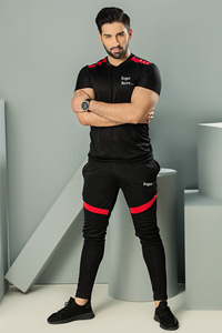 Conjunto Deportivo para Hombre, Negro y Naranja, Manga Corta, Cuello Redondo, Color Sólido, Corte Deportivo, Secado Rápido, Pantalones Largos con Bolsillos Laterales, Primavera - Product Image 2