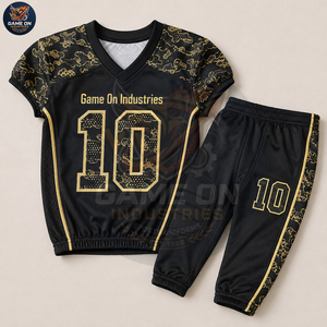 Customized Made Top Sale Black Gold American Football Uniform OEM ODM Custom Logo Private Label Jersey and Padded Pants Sets - Product Image 1