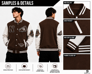 Men's Brown Varsity <b>Jacket</b> With Embroidered N Logo And Patch Preppy Style Turn-down Collar Cotton Material - Product Image 6