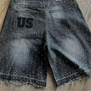 Shorts en jean pour homme, taille haute, avec broderie de strass personnalisée, ourlet brut, effet vieilli, délavé soleil, style Jorts - Product Image 4