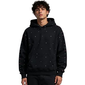 Sweat à capuche oversize noir en molleton pour homme, avec strass colorés, en coton épais, style streetwear décontracté - Product Image 1