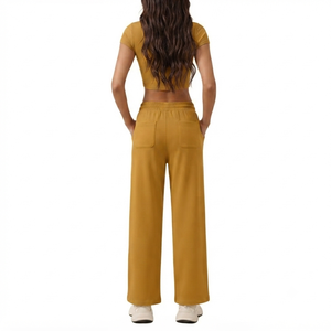 Mustard Yellow Spandex/Nylon Quick Dry Short Sleeve <b>Crop</b> <b>Top</b> Wide Leg Sweatpants Tracksuit Set Casual Sportswear Fitness Yoga - Product Image 2