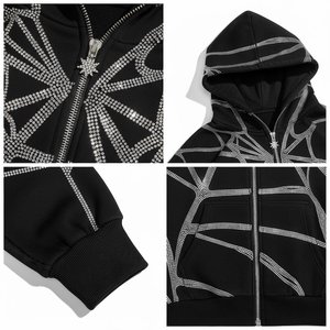 Sweat à capuche streetwear hip-hop délavé à l'acide, personnalisé, effet soleil, surdimensionné, imprimé strass, fermeture éclair, noir, pour hommes – Vente chaude - Product Image 3