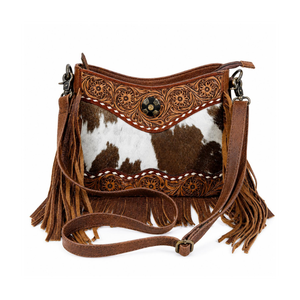 Bolso bandolera de cuero de vaca con pelo, hecho a mano, estilo western, con flecos y adornos florales tallados a mano, para mujer. - Product Image 1