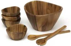 Ensemble de bols à salade en bois fini de qualité supérieure avec cuillères de service, grain de bois naturel, design élégant pour les fêtes, service de bols en bois - Product Image 3