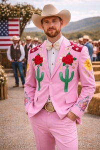 Men’s Pink Embroidered Western Suit <b>Set</b> with Floral & Cactus Design – Cowboy Style Wedding / Party Wear <b>Blazer</b> Pant Outfit - Product Image 2