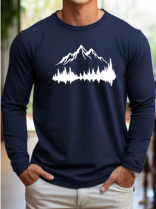 เสื้อเชิ้ตแขนยาวผู้ชายสีน้ำเงินกรมท่า ผ้าฝ้ายลำลอง พิมพ์ลายภูเขาสีขาวด้านหน้า ระบายอากาศได้ดี คอกลม ผ้าถัก ใส่ได้ในฤดูใบไม้ผลิ - Product Image 4