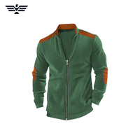 Veste pull-over en velours côtelé blanc pour homme, col montant, empiècements marron aux coudes, color block, décontractée, respirante, automne, 300g