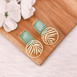 Handmade Gold Plated Green Cat's Eye Gemstone Brass Earrings Trendy Fashion Statement Jewelry for Women - Product Image 2