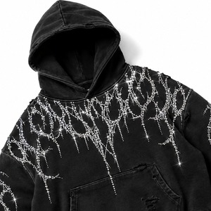 Custom Black Distressed Cropped <b>Zip</b>-Up Hoodie Rhinestone Lightning Design Faded Wash Oversized Street Wear Winter Fleece 100% - Product Image 3