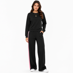 Conjunto de Sudadera Negra con Cuello Redondo y Pantalones Anchos a Rayas Rosa para Mujer, Marca Privada, Estilo Casual, OEM - Product Image 1