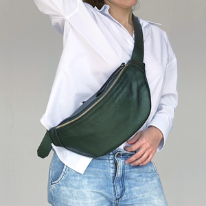 Soft Leather Green Fanny Pack Women's Sling <b>Bag</b> Crossbody Elegant Leather Chest <b>Bag</b> with Adjustable Belt Strap - Product Image 4
