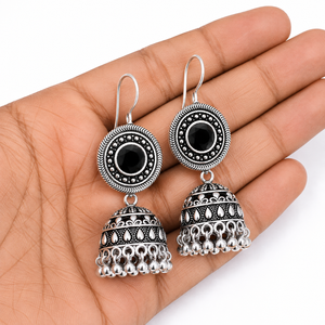 Boucles d'oreilles Jhumka en argent oxydé noir, faites à la main, style bohème tribal ethnique, bijoux statement, cadeau pour femme - Product Image 3
