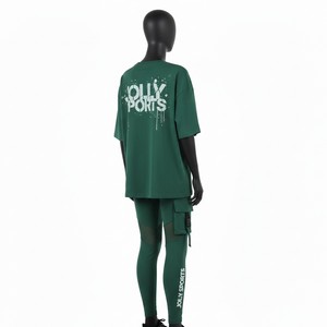 T-shirt femme en coton et élasthanne vert foncé et leggings en maille nylon et élasthanne 240 GSM avec logo personnalisé imprimé sur écran – Ensembles femme - Product Image 5