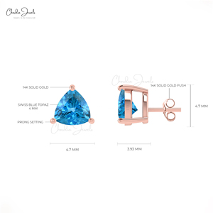 Chordia Jewels 14K Solid Rose Gold Swiss <b>Blue</b> Topaz <b>Studs</b> Push Back <b>Earrings</b> 4MM Trillion Cut Gemstone <b>Earrings</b> Jewelry for her - Product Image 3