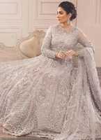 Robe Anarkali élégante en mousseline de soie grise brodée, manches longues, col montant, longueur au sol, coupe trapèze, pour mère de la mariée