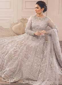 Elegante traje Anarkali de gasa gris bordado, manga larga, cuello alto, largo hasta el suelo, corte en A, vestido para la madre de la novia - Product Image 2