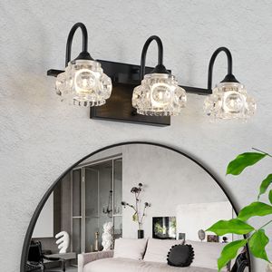 Lampada da parete retrò a 3 luci per bagno, 17 pollici, con finitura nera e paralumi in vetro cristallo - POW! - Product Image 1