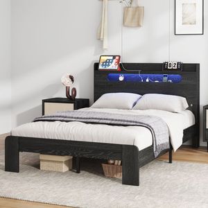 Lit plateforme en bois King Size avec tête de lit à éclairage LED et 2 ports USB, sans bruit, aucun sommier requis, rangement inclus - Product Image 1