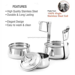 Agarkar Exports Boîte à lunch de luxe à double niveau en acier inoxydable indien, 3 compartiments, étanche, compatible lave-vaisselle, boîte à repas Tiffin - Product Image 4