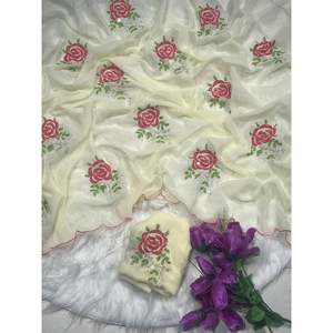 TREANDING GEORGETTE SECUENCIA CON ARCO FRONTERA TRABAJO SAREE CON BLUSA DESCOSADA LIMÓN - Product Image 1