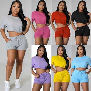 Women's 2 Piece Cropped T Shirt and Shorts <b>Set</b> Solid Color Knit 100% Cotton Breathable for Outfit Casual Wear with Pockets - Product Image 3
