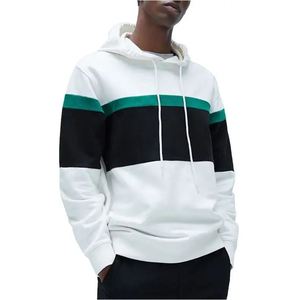 Sweat-shirt à capuche pour homme, coupe ample, style color block, vêtements décontractés d'hiver, blanc, noir, vert, rayé, poche sur le devant, 100% coton - Product Image 1