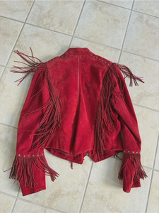 Chaqueta de Motociclista de Cuero Rojo con Flecos para Mujer, Marca Fazmax, Cuello Camisero, Cierre de Cremallera, Manga Larga, Estilo Occidental, para Otoño - Product Image 6