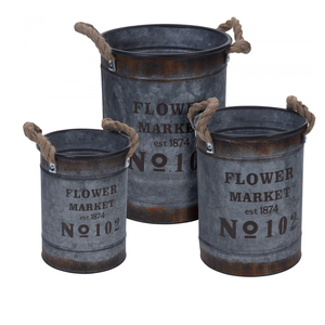 Ensemble de trois pots en zinc galvanisé pour jardin, pots à fleurs en zinc en gros, pots à plantes pour la décoration de la maison, poignée en corde, intérieur/extérieur - Product Image 1
