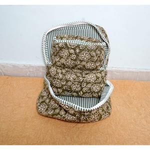 Elegant Handcrafted 3pc Quilted Vanity Pouch Set Organic Cotton Floral Motifs Water-Resistant Lining Multipurpose Storage Bags - Product Image 4