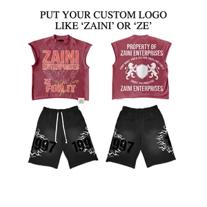 Ensemble court sans manches pour homme en jersey de coton premium 220 GSM, impression graphique personnalisée, noir bordeaux, tenue décontractée d'été pour la gym - Product Image 1
