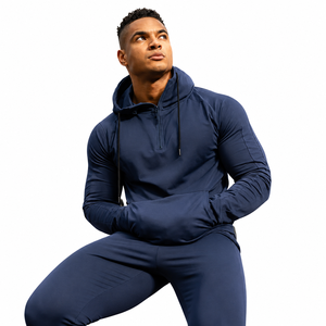 Navy Hooded <b>Zipper</b> Sweatshirt Full Sleeve Solid Color Casual Tracksuit <b>Top</b> Breathable Midweight Polyester Fit Regular Autumn We - Product Image 2