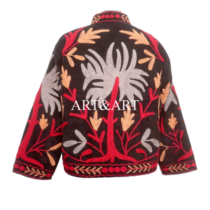 Handmade Floral Embroidery Quilted Cotrise Jacket Button <b>Detail</b> Cotton Stripe Lining Winter Autumn <b>Quick</b> Dry Style Party Wear - Product Image 2