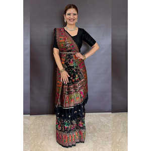 Sari de Seda Cachemir Negra Jade de Elite Weaves, Tejido con Hilo Zari, Diseño Gehani, Ropa India y Pakistaní, 700g - Product Image 1