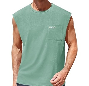 เสื้อกล้ามผู้ชายสีพื้นผ้าฝ้าย เสื้อออกกำลังกายลำลองมีกระเป๋า - Product Image 5