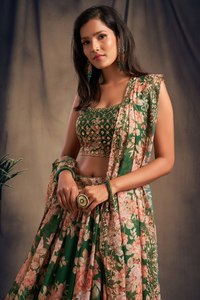 Conjunto de Lehenga Elegante de Organza Bordada con Flores Verdes para Mujer, Blusa sin Mangas y Falda, Vestido Tradicional para Bodas y Festivales - Product Image 4