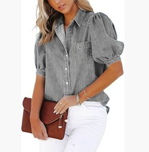 2026 Spring and Autumn New Arrival Denim Shirt Stock European Style Multicolor 100% Cotton Puff Sleeve Vintage - Product Image 4