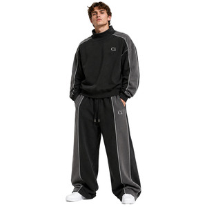 Ensembles de sweats à capuche noirs oversize urbains, personnalisables OEM, avec panneau à passepoil contrastant, sweat-shirt à col montant et joggers coupe ample en molleton épais, faible MOQ - Product Image 1