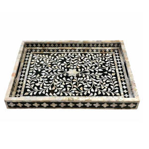 Bandeja de Servir de Madera con Incrustaciones de Hueso y Madreperla, Hecha a Mano, Diseño Floral Árabe Moderno y Lujoso, para Té, Café y Utensilios de Cocina - Product Image 1