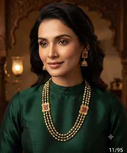Ensemble de collier élégant à plusieurs rangs vert et rose avec perles et accents floraux, boucles d'oreilles assorties, ensemble de bijoux traditionnels pour les occasions festives - Product Image 3