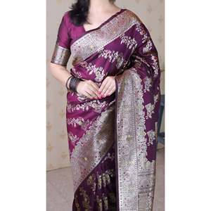 Sari Banarasi Jaal Meenakari Zari Tejido para Mujer con Seda Suave Color Vino, Blusa y Camisa Elegantes y Lujosas - Product Image 5