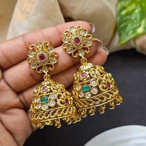 Ethnic Gold Plated Drop Charm Earrings with Pearl-Classic Religious Geometric Jhumka for Gifting - Product Image 2