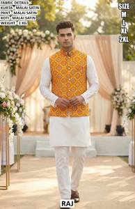 Kurta Koti Multicolor Maharaja para Bodas, Diwali y Fiestas, Satén Malai, Largo hasta el Suelo, Ropa Tradicional Masculina de Secado Rápido - Product Image 4